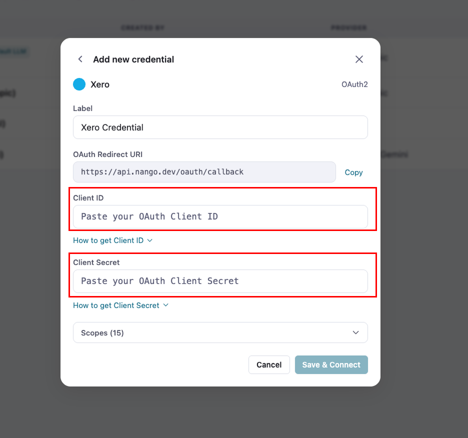 The Fibula New Credential form for Xero with Client ID and Client Secret fields